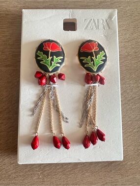 Zara Red Floral Drop Earrings with Tassels